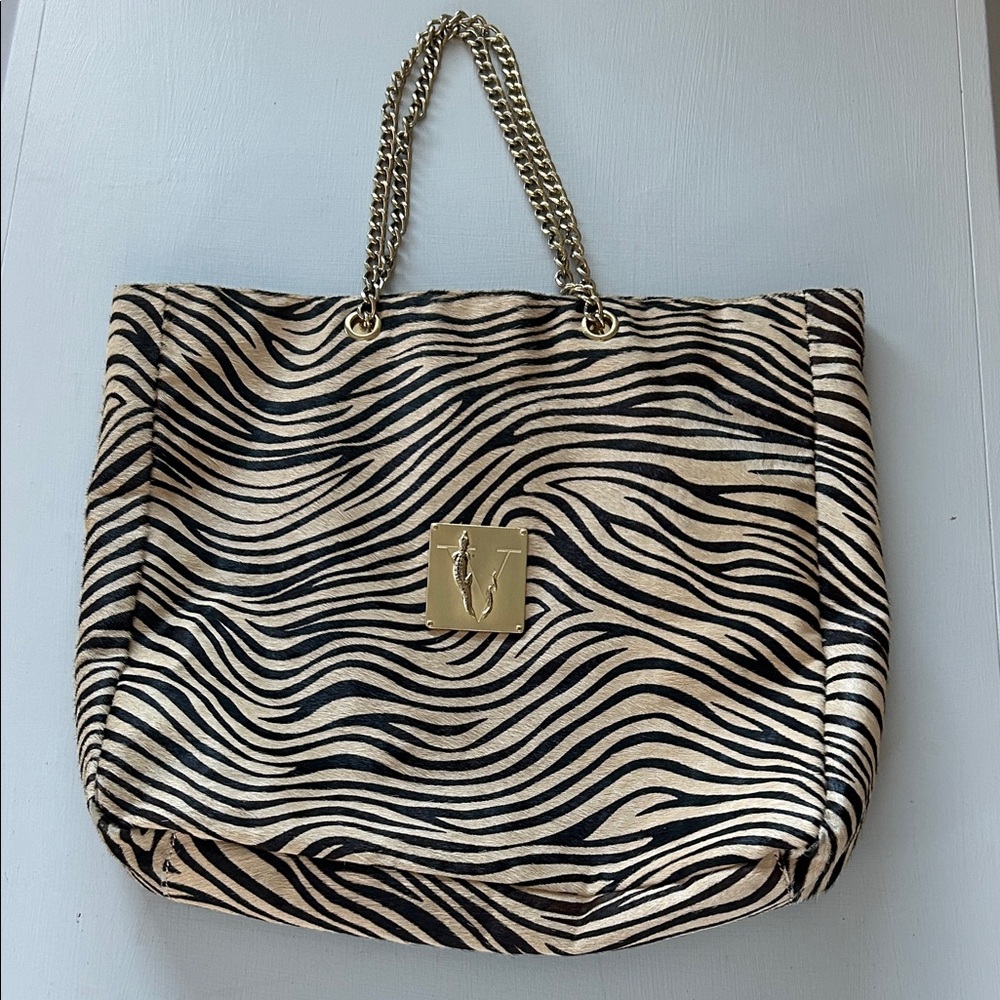 V by Eva Zebra cowhide tote bag cream brown